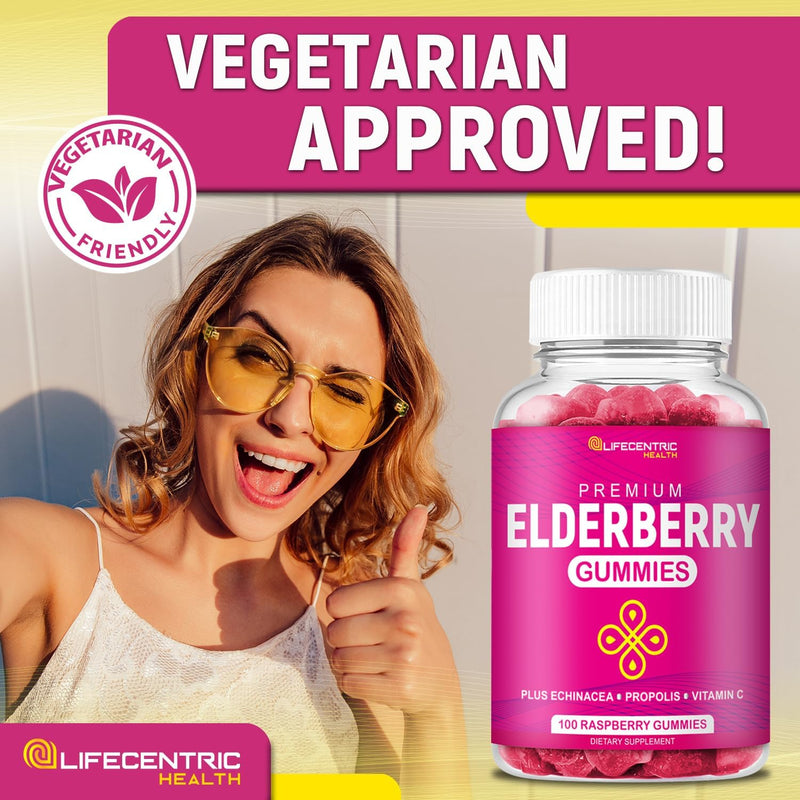 LifeCentric Health Elderberry Gummies for Kids & Adults Plus Vitamin C, Propolis & Echinacea Delicious Raspberry Gummy