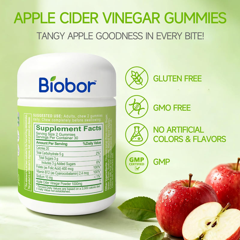 Biobor Apple Cider Vinegar Gummies 1000 mg with Vitamin B12, ACV Gummies for Women Support The Metabolism of Fats and Carbohydrates, Vegan, GMO Free, Gluten Free (60 Count) 60 Count (Pack of 1)