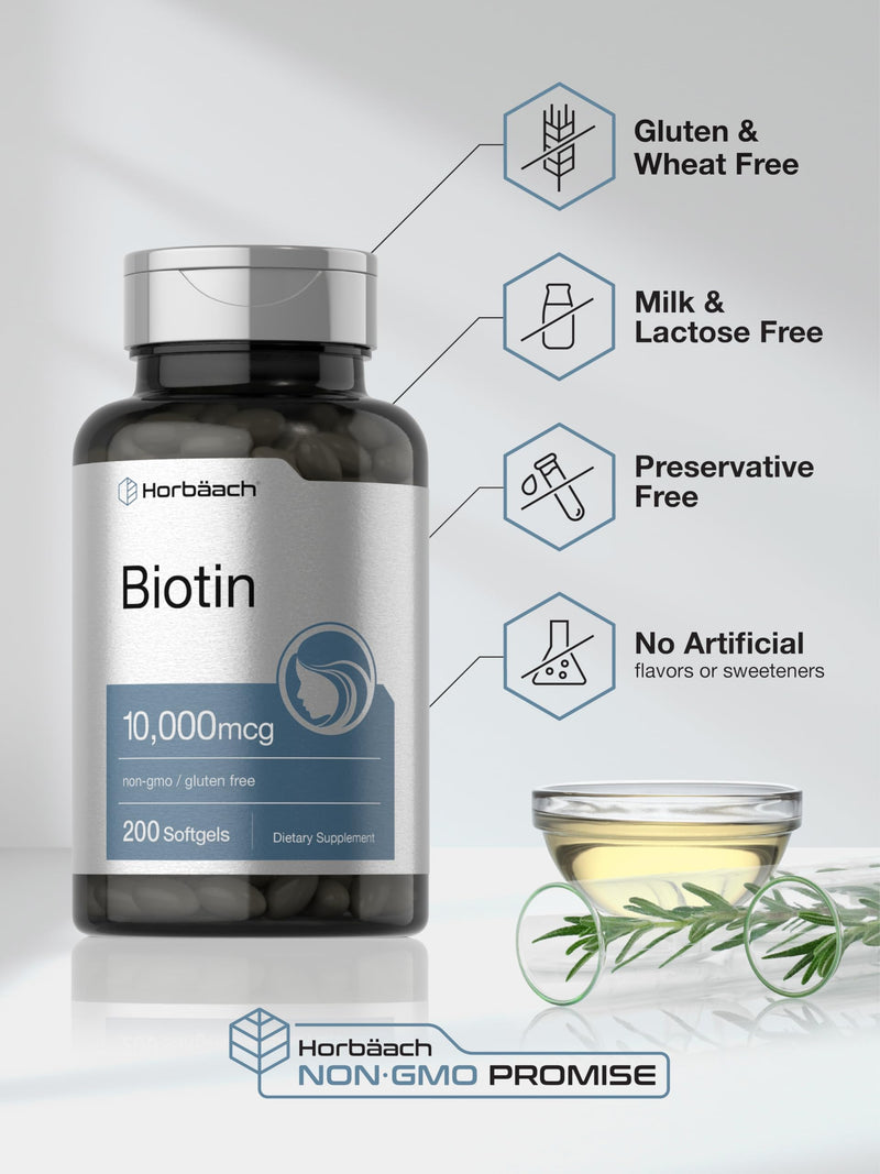 Horbäach Biotin 10000 mcg | 200 Softgels with Vitamin B7 | Beauty Formula Supplement | Non-GMO & Gluten Free