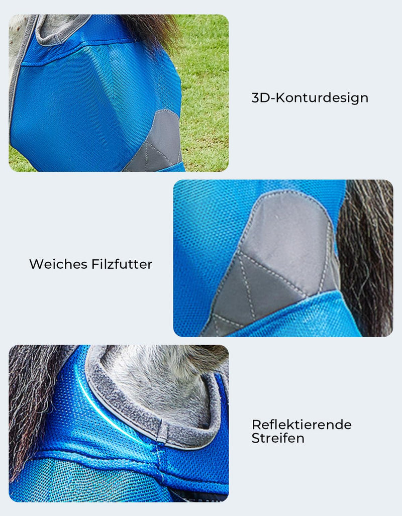 DEERFAMY Horse fly mask with nose protection, horse fly mask, breathable UV protection PVC L, blue with nose protection BL L - BeesActive Australia
