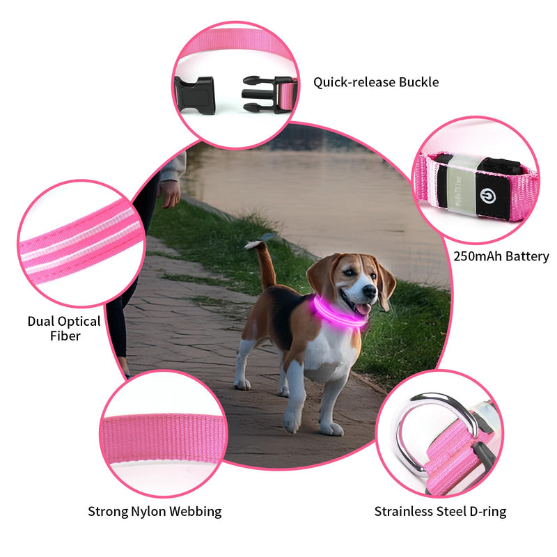 PcEoTllar Light Up Dog Collar USB Rechargeable - LED Collar for Dogs Dog Collar Waterproof Luminous Adjustable Size, 3 Modes, Light Up Collar for Night Safety Small and Medium Large Dogs Pink S(28-40cm/11-15.7inch) - BeesActive Australia