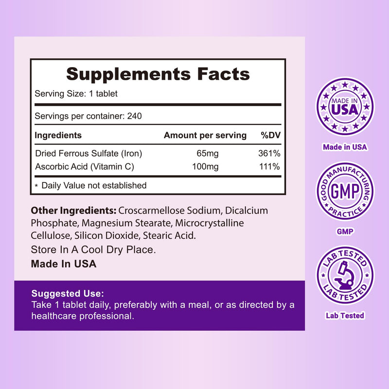 Heivy Ferrous Sulfate 325mg with Vitamin C 100mg, 240 Vegan Tablets | Iron Supplement 65mg, 8 Month Supply - Non-GMO, Vegan, Highly Absorbable 240 Count (Pack of 1)