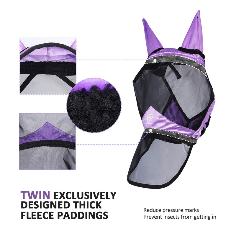 Harrison Howard Pro Luminous Horse Full Face Fly Mask Large Eye Space Long Nose with Ears UV Protection for Horse Gentle Lavendar L - BeesActive Australia