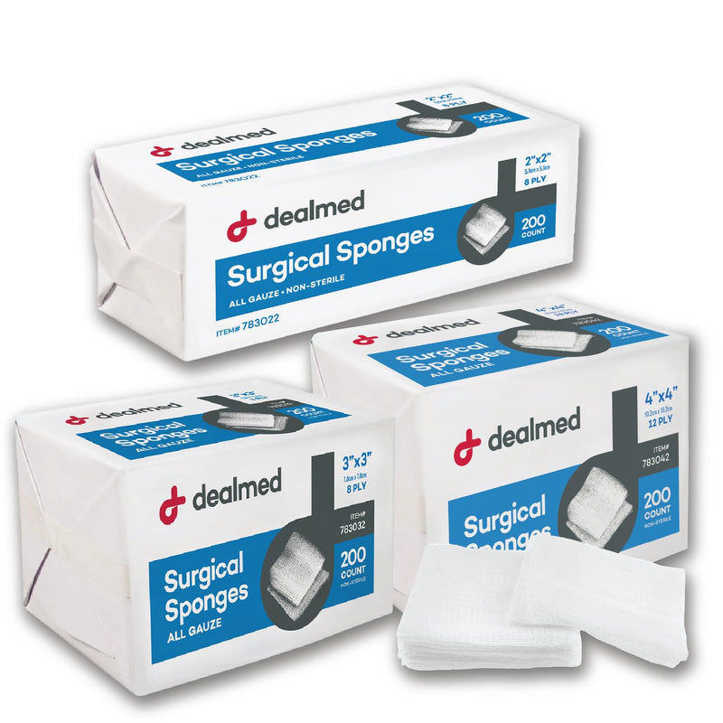 Dealmed 4" x 4" Surgical Sponges, 8-Ply, Non-Woven Absorbent Gauze Sponges for Wound Care, First Aid Kits and Medical Facilities, 200 Count (Pack of 4) 4” x 4” 4 Pack - BeesActive Australia