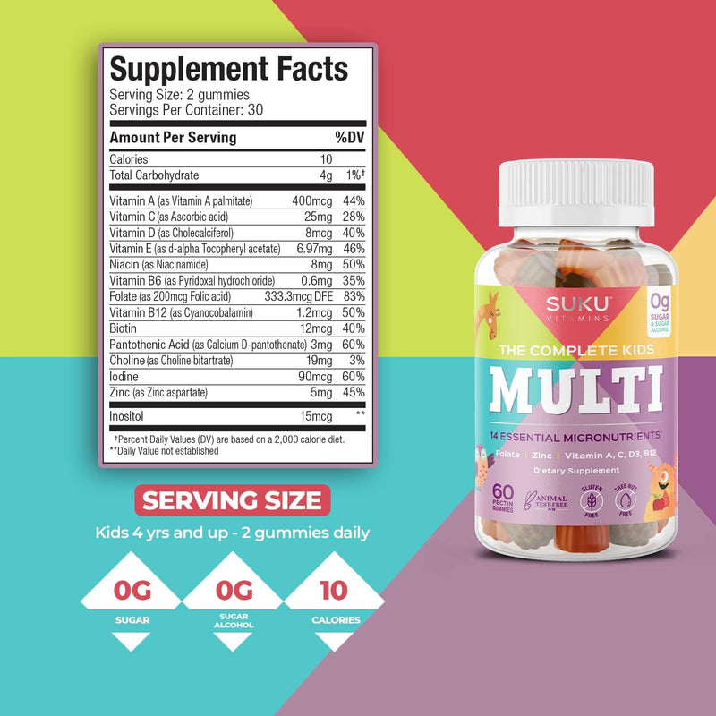 SUKU The Complete Kids Multivitamin Gummies – Vitamins A, C, D, E, B6, B12, Folate & Zinc – Immune Support, Sugar-Free, Gluten-Free, Non-GMO, Tropical Bonanza Flavor – 60 Count