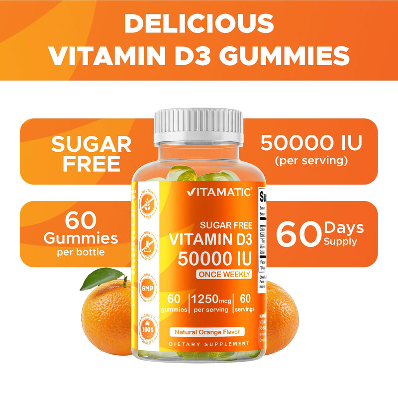 Vitamatic Vitamin D3 50,000 IU, 60 Natural Orange Flavor Gummies | 1250 mcg Cholecalciferol, Once Weekly Serving, Gluten Free, Non GMO 60 Count (Pack of 1)
