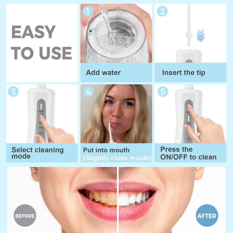 2026 New 350ML Water Flosser with Drainage & Storage Stand, Keeps Dry & Clean, 5 Modes, 360°Nozzle, Cordless Rechargeable, IPX7 Waterproof, Portable for Home & Travel (White) White - BeesActive Australia