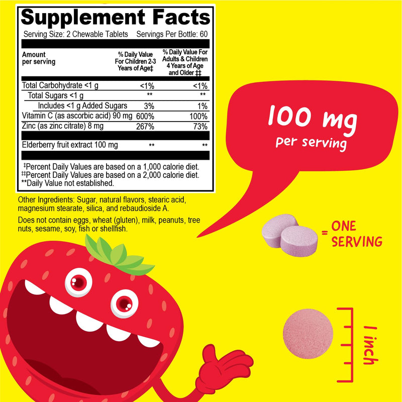 VitaWorks Kids Elderberry Vitamin C and Zinc - Great Tasting Strawberry Flavor Sambucus Elderberry Immune Support for Kids - Made in USA, Vegan, Kosher, Non-GMO - 120 Black Elderberry Chewables