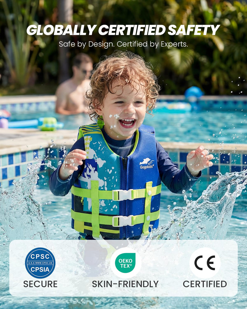Gogokids Toddler Swim Vest, Premium Swim Vest for Kid Swimming Jacket for 30-40-50-60-70-80 Lbs Girls and Boys, Toddler Floaties Swimming Aid with Dual Safety Strap for 2-9 Years in Pool/Puddle/Beach A-Blue M(3-6yrs/42-66lbs) - BeesActive Australia