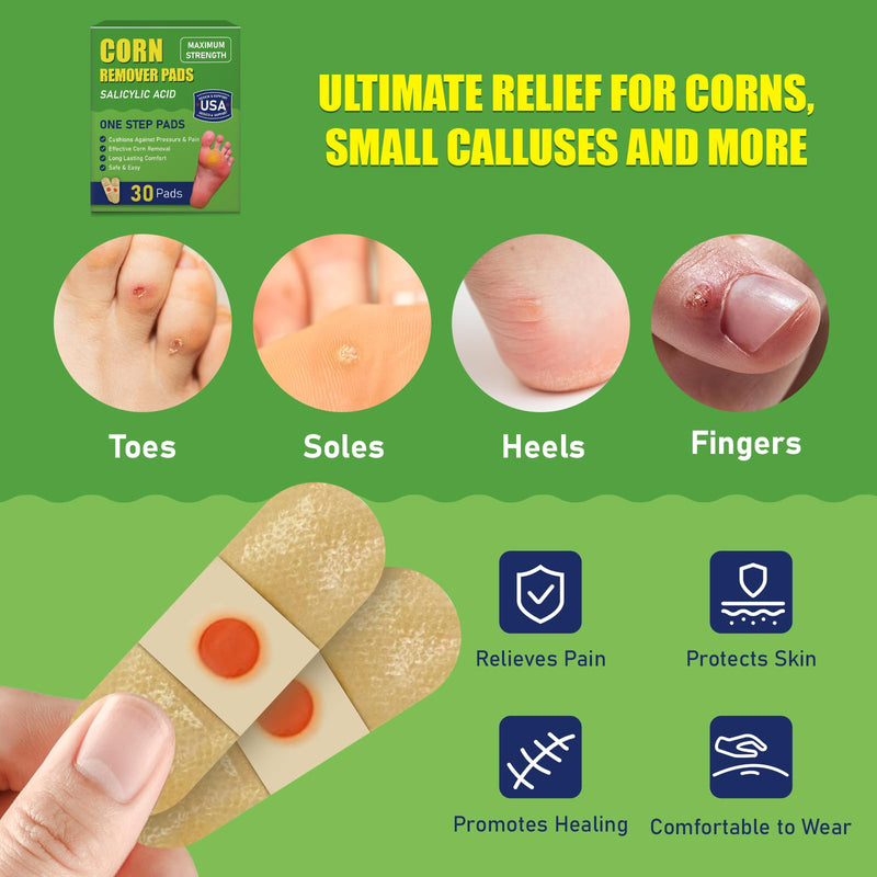 WABRINY Maximum Strength Corn Removers Pads for Feet and Toes, at Home Fast Effective Foot Corn Removal Bandages for Kids Adults, All-Day Pain Relief, 30 Pack-6VH 1 box - BeesActive Australia