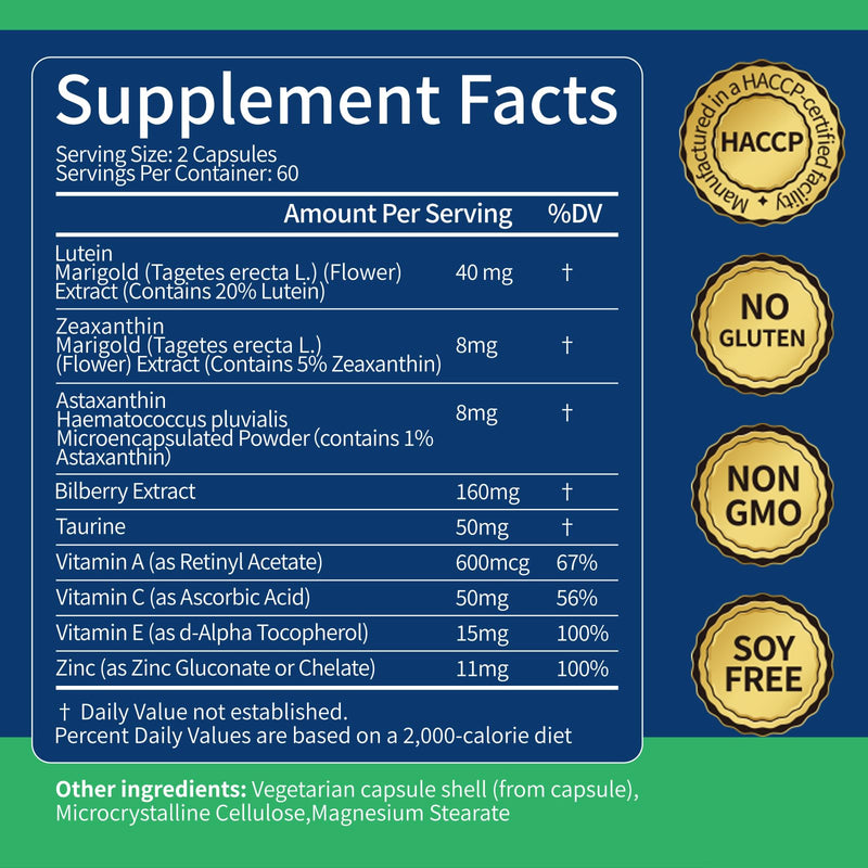 Lutein and Zeaxanthin Supplements, 40mg + 8mg, Astaxanthin, 120 Veggie Caps | 40mg Lutein + 8mg Zeaxanthin with Astaxanthin, Bilberry & Taurine; 120 veggie capsules, 60-day supply
