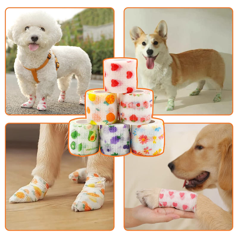 6 Roll 2 Inch x 5 Yards Pet Vet Wrap for Dogs Cats, Cohesive Bandages in Bulk, Colorful Cute Non-Woven Self Adhesive Bandages Wrap Roll for Pet Animals Wound Care Ankle Sprains & Swelling fruit - BeesActive Australia