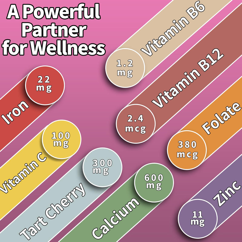 2 Pack Iron Gummies, Tart Cherry Iron Supplement for Women & Men | Iron with Vitamin C, Calcium, Zinc, Folate, B12 for Immune Support, Sugar Free, Vegan 120 Count (Pack of 1)