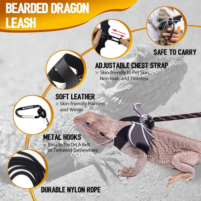 WATFOON Adjustable Lizard Leather Leash Harness and Bearded Dragon Carrier Sling, Reptile Small Pet Training Leashes and Beardie Snuggle Sling Bag for Outdoor Travel (L Black Sling) Leash + L Black Sling (Gift) - BeesActive Australia