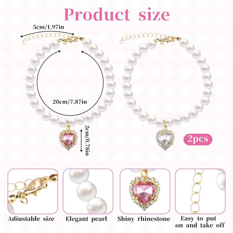 2 Pcs Cat Dog Pearl Necklace Small Heart Shape Rhinestone Pet Collar Adjustable Dog Collar Wedding Party Pet Jewelry Accessories for Cats Puppy Small Dogs (Pink, White) - BeesActive Australia