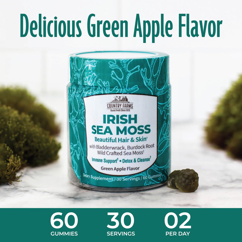 COUNTRY FARMS Irish Sea Moss Gummies, 2000mg Irish Moss, Burdock Root, Bladderwrack for Immune Support, Promotes Digestive Health, Skin and Hair Support, Pectin Based, Vegan, Gluten Free, Green Apple