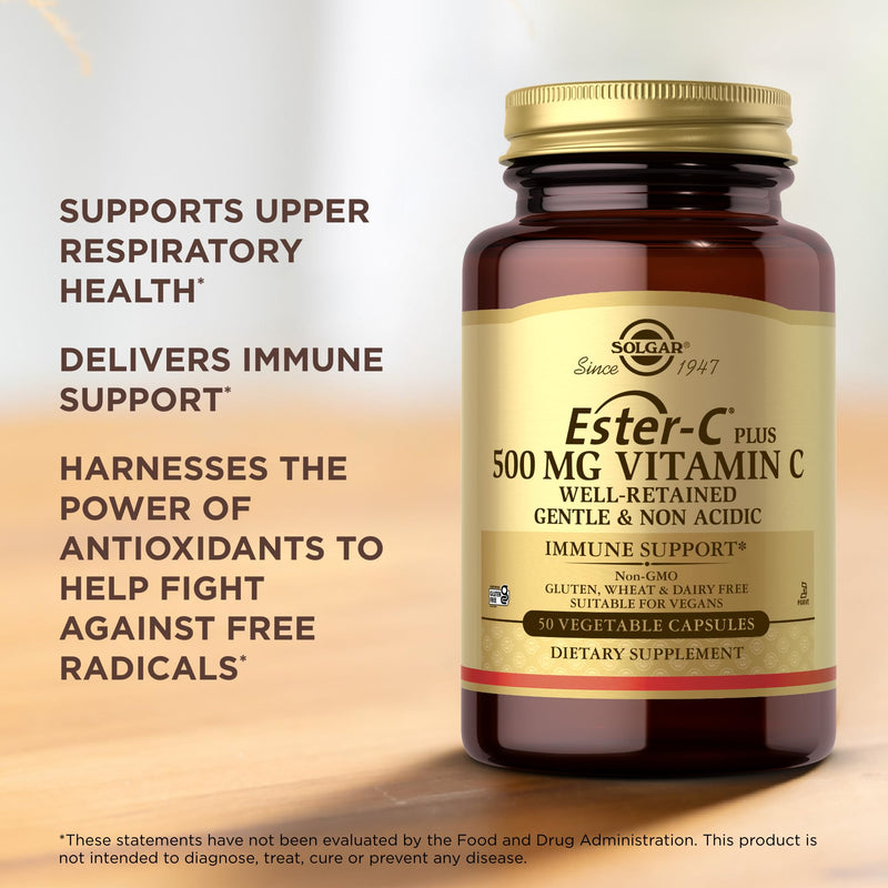 Solgar Ester-C Plus 500 mg Vitamin C (Ascorbate Complex) - 50 Vegetable Capsules - Gentle & Non Acidic - Antioxidant & Immune Support - Non GMO, Vegan, Gluten Free, Kosher - 50 Servings 50 Count (Pack of 1)