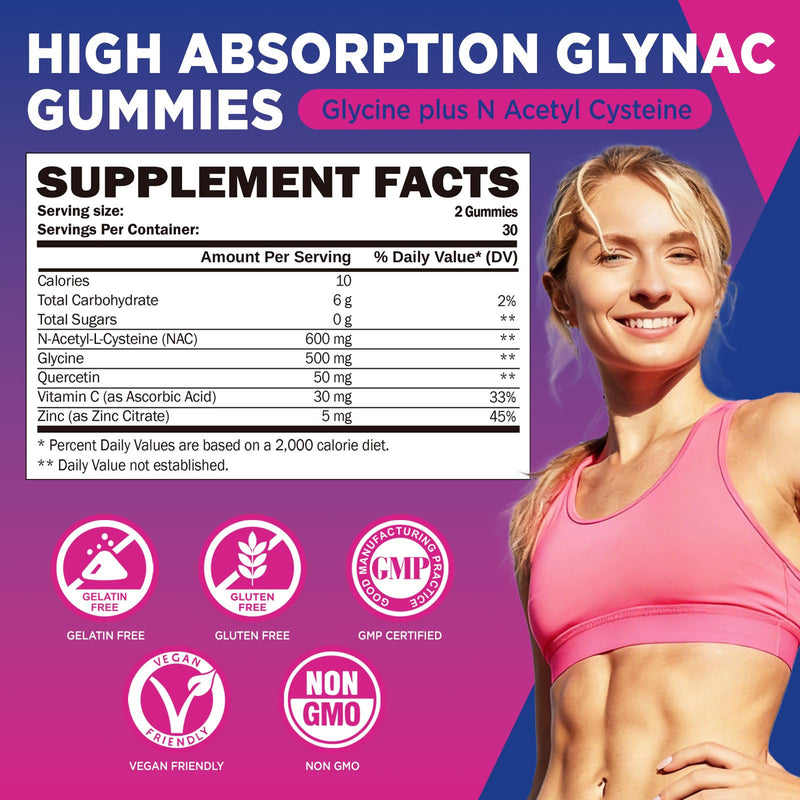 NAC Gummies, Glycine & N-Acetyl Cysteine Supplement for Kids & Adults | Glynac with Quercetin, Vitamin C & Zinc, Liver & Cellular Support, Glutathione Production
