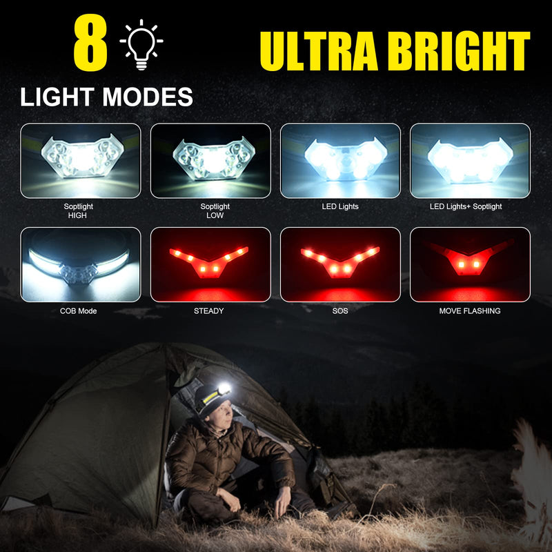 EXIN DECHEN LED Headlamp Rechargeable, 1200 Lumen Super Bright Headlamp Flashlight, 270° Wide Beam LED Headlamps with Red Taillight, 8 Mode Lightweight Waterproof Head Lamp Black 2pack-Y012