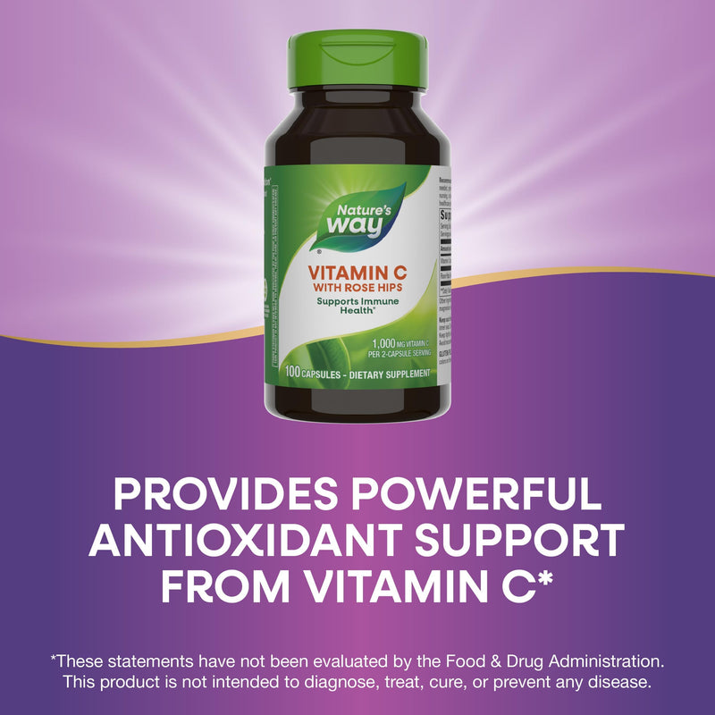 Nature's Way Vitamin C with Rose Hips - Powerful Antioxidant & Immune Function Support* - Collagen for Healthy Skin* - 1,000mg Vitamin C - 100 Count (50 Servings, 2-Pack) 100 Count (Pack of 2)