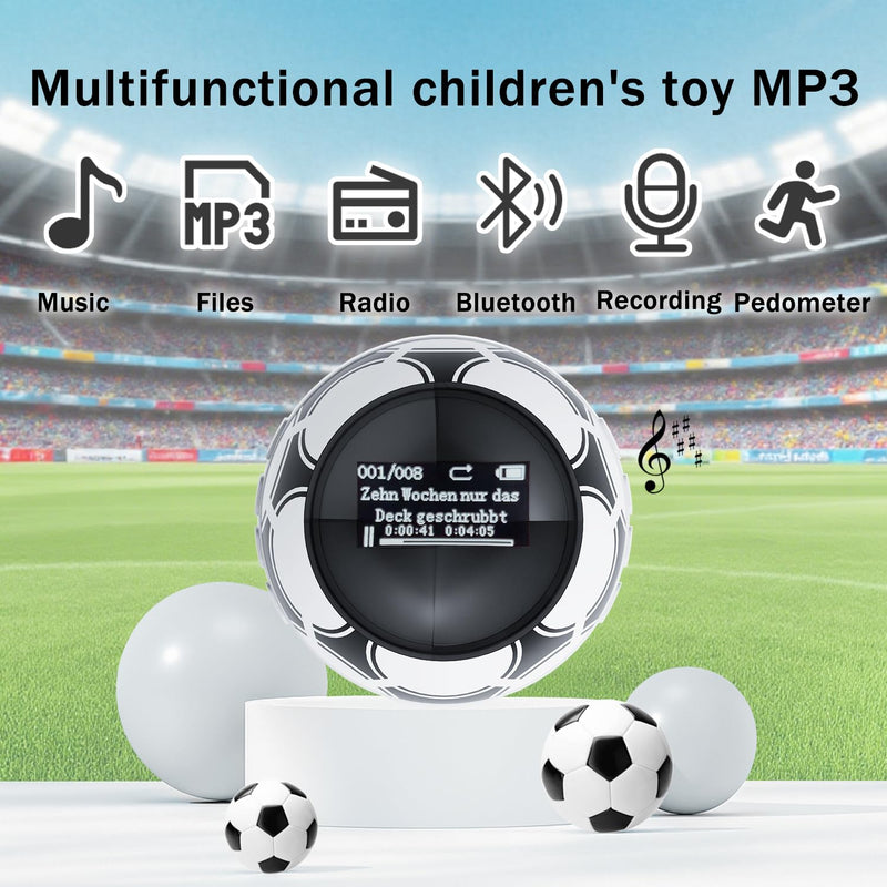 64GB MP3 Player for Kids,MP3 Player with Bluetooth 5.0, Mini Soccer Ball Music Player, Supports Speaker, FM Radio, Recording, and Pedometer Functions, Comes with Headphones and Lanyard