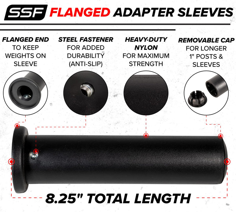 SERIOUS STEEL FITNESS Nylon Olympic Adapter Sleeve 8" - Convert 1" Bars or Posts to 2" Olympic Bars or Posts. Includes Removeable end Cap for Longer Posts. Wide Base (Flange - Pair)