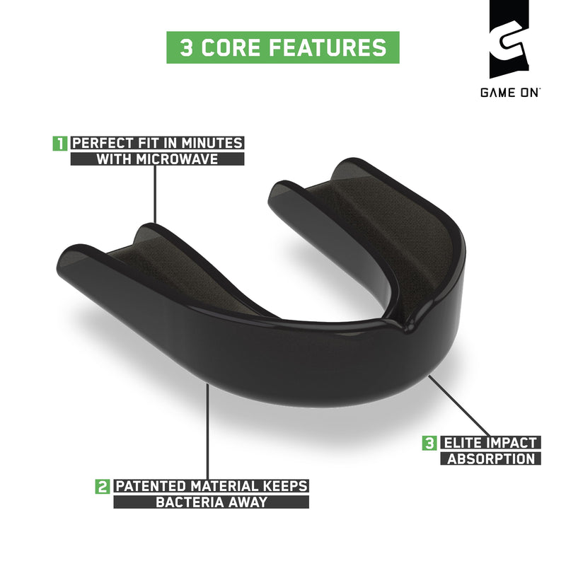 Game On Mouthguards - Only ADA Accepted Strapless Sports Mouth Guard for Football, Basketball, Lacrosse, Hockey - Superior Protection, Comfortable Fit (Braces Mouthguard) Adult Black
