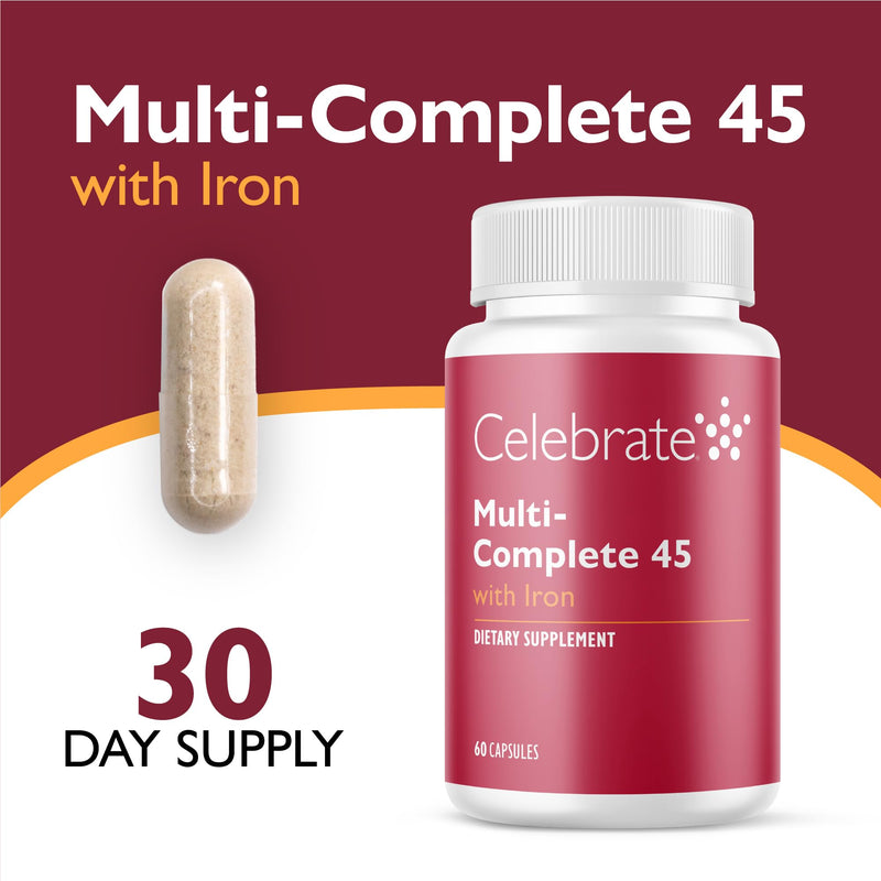 Celebrate Vitamins Multi-Complete 45mg Bariatric Multivitamin with Iron | 60 Veggie Capsules, 30 Day Supply, Easy-to-Swallow Daily Multivitamin for Post-Bariatric Sleeve or Gastric Bypass Routines 60 Count (Pack of 1)