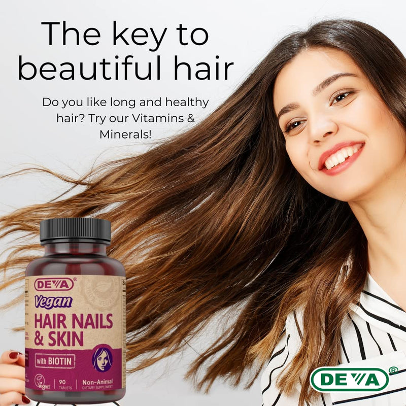 DEVA Vegan Hair, Nails & Skin Vitamins & Minerals with Biotin, Supplement, 90 Tablets 90 Count (Pack of 1)