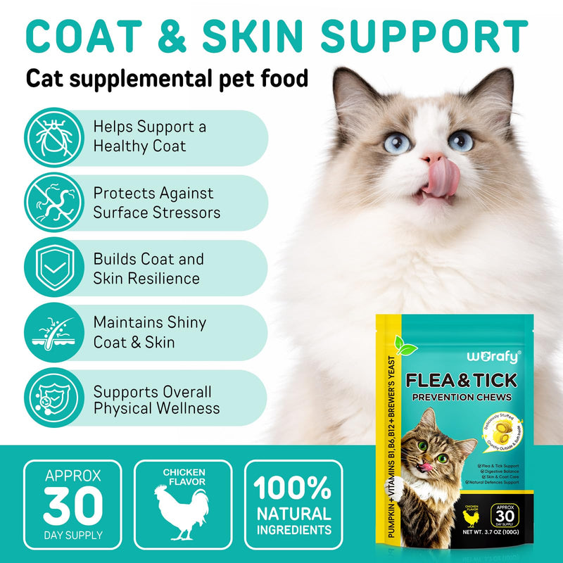 30 Chews Natural Prevention Chew for Cats–Chicken Flavor Cat Chewables with Skin & Coat Support– Prevention Supplement with Multivitamin for All Ages Pets