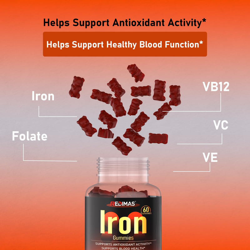 Vegan Iron Gummies, Daily Nutritional Support for Adults, 60 Count | Plant-Based Iron Supplement with Vitamin C, E, B12 & Folate, Energy Metabolism Support & Women’s Wellness, Cherry Flavor