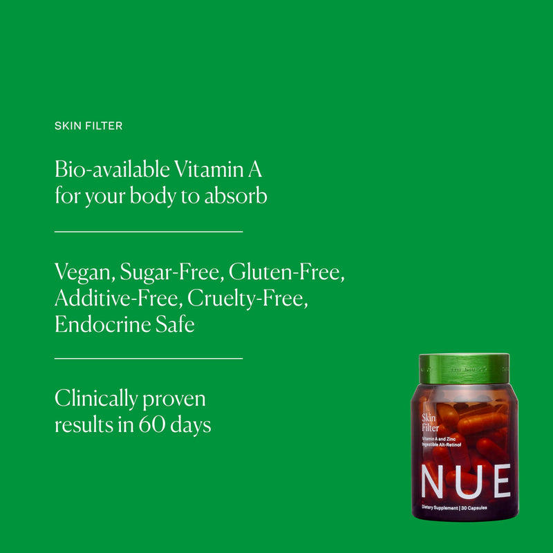 The Nue Co. Skin Filter Supplement - Brightens, Smooths & Evens Skin Tone - Calms Blemishes & Supports Collagen - with Beta Carotene, Vitamin C & Zinc - Vegan & Gluten Free | 30 Capsules