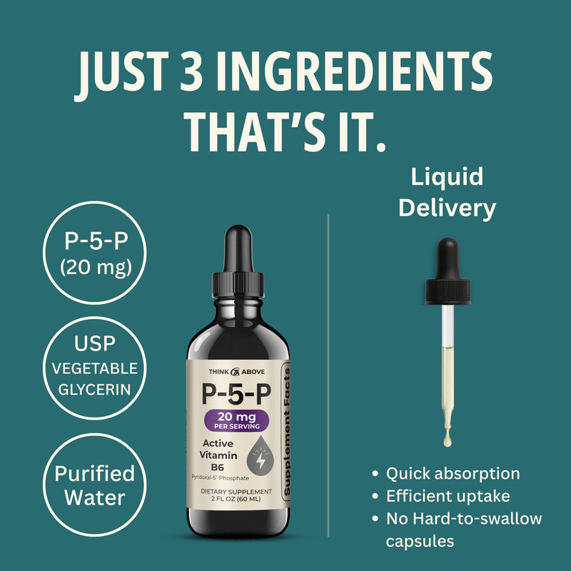 Think Above P5P Liquid Drops – Activated Vitamin B6 (Pyridoxal-5-Phosphate) – Fast Absorption Formula – 2 oz (60 mL) Pack of 2