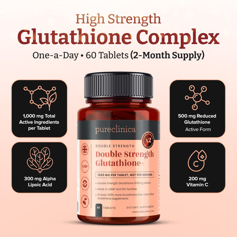 pureclinica Glutathione 1000mg – 120 Tablets (2 x 60) | High Strength with 500mg Glutathione, 300mg ALA, 200mg Vitamin C | Antioxidant & Detox Support, 1-a-Day 60 Count (Pack of 2)