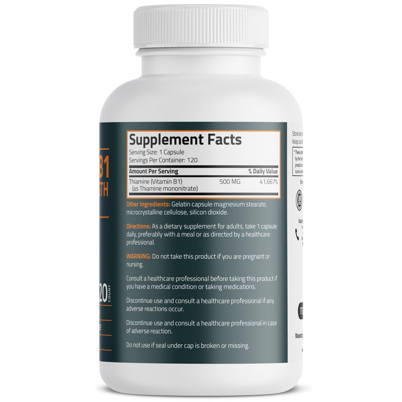 Bronson Vitamin B1 Extra Strength 500 MG High Potency Non-GMO, 120 Capsules Unflavored 120 Count (Pack of 1)