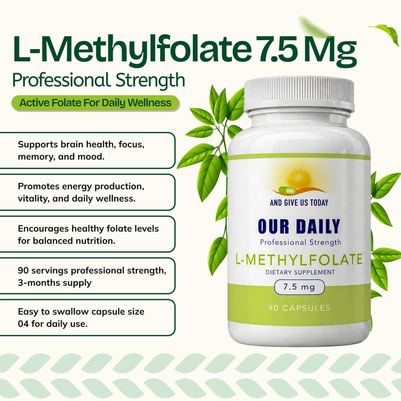 Our Daily Vites, L Methylfolate 7.5mg – Active 5-MTHF Methylated Folate Supplement for Women & Men – Methyl Folate for Brain Health, Focus & Mood Support – Gluten Free,Non-GMO– 90 Capsules,90 Servings