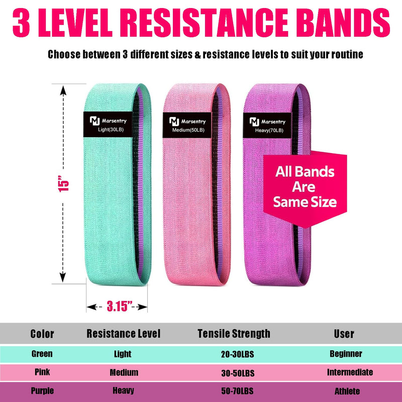 Hip Resistance Bands Set with Exercise Band, 3 Levels, Carry Bag and Guide, Multi-Colour Green+Pink+Purple