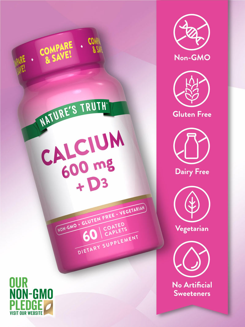 Nature's Truth Calcium 600 mg with Vitamin D3 | Coated Caplets | Calcium Carbonate | Vegetarian, Non-GMO & Gluten Free Supplement 60 Count (Pack of 1)