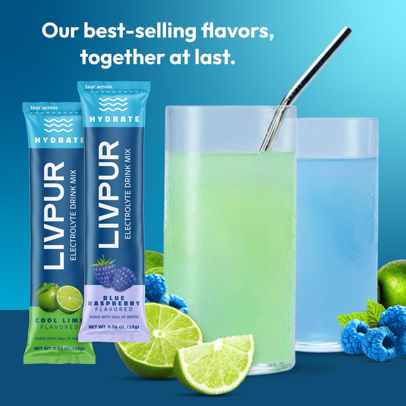LIVPUR Electrolyte Hydration Powder, Cool Lime & Blue Raspberry, 16 Sticks | Variety pack with essential amino acids and vitamins C, B6, B12; single-serve instant sports drink mix Best of Both