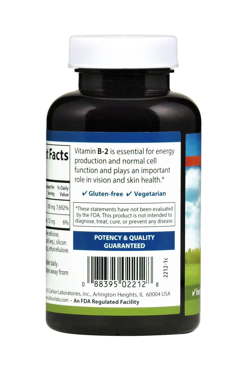 Carlson B-2, 100 mg, Riboflavin, Energy Production, 250 Vegetarian Tablets | Vision Support; Healthy Skin 250 Count (Pack of 1)