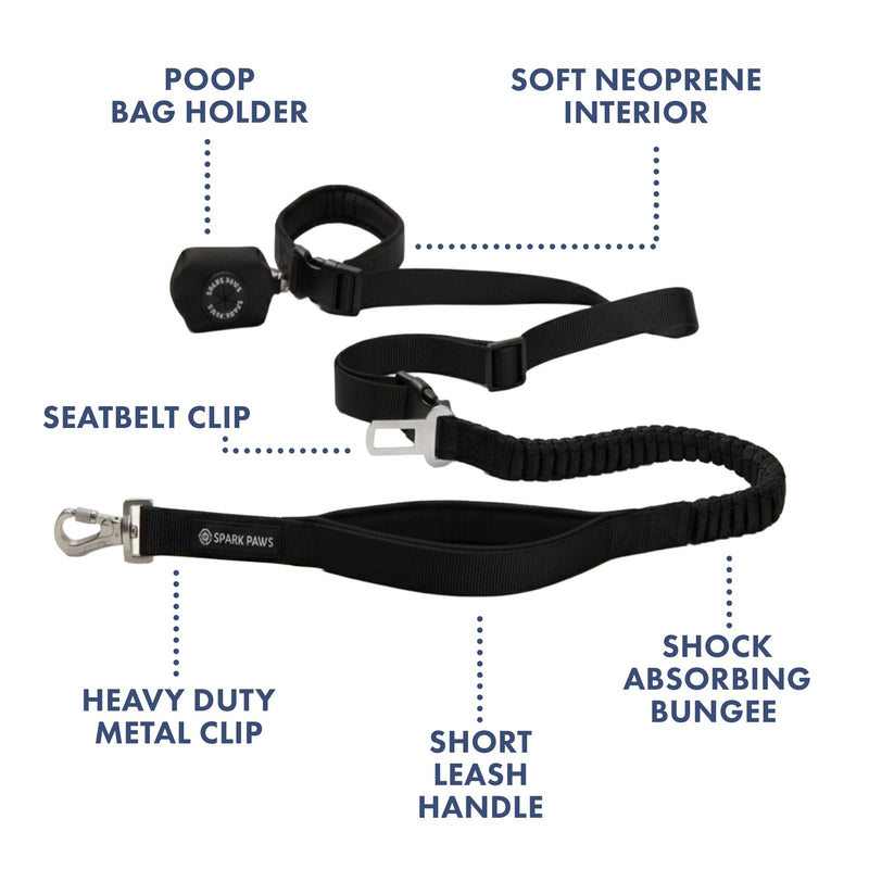 Spark Paws Handsfree Dog Leash – Shock Absorbing Waist Bungee Lead for Running, Car Seatbelt Clip & Poop Bag Set, Heavy Duty Tactical Lead for Medium, Large & X-Large Breeds - Black - BeesActive Australia