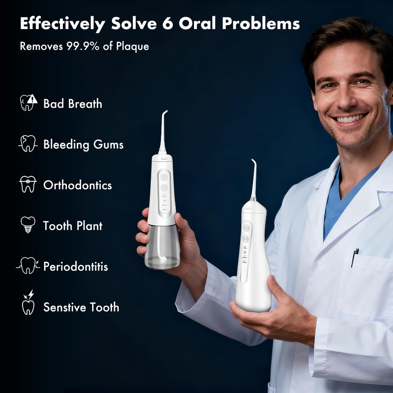 Dygoophy® K1 Cordless Water Flosser, Oral Irrigator 300ml Tank, IPX7 Waterproof, 4 Modes, 30-Day Battery, Quiet Design for Braces, Sensitive Gums & Complete Dental Care (White)