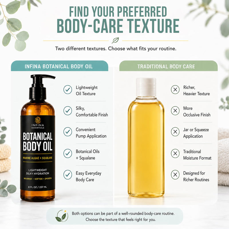 INFINA ESSENTIALS Botanical Body Oil for Dry Skin - 8 fl oz | After Shower, Lightweight Fast-Absorbing Daily Moisturizer with Marine Algae, Squalane & Vitamin E | Silky, Soft, Smooth Skin