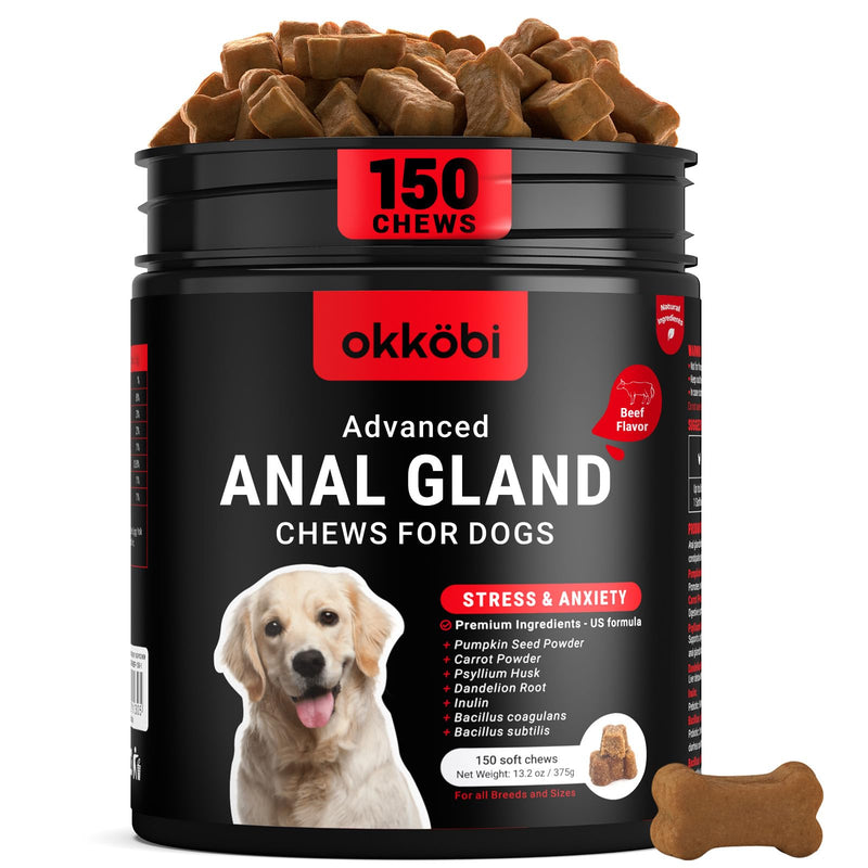 Anal Gland Chews 150Pcs - Constipation Relief for Dogs and Digestive Support - US Formula with Fiber Supplements, Natural Ingredients & Vitamins - Beef