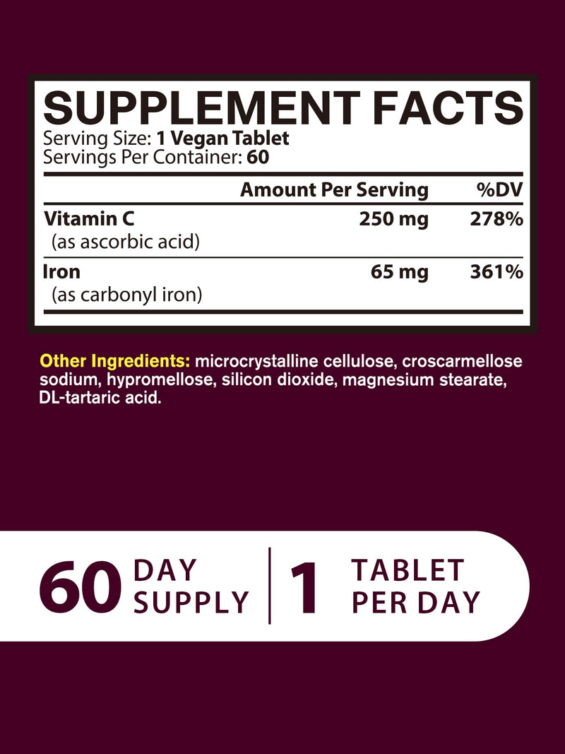 Iron Supplement for Women Men, High Potency Iron 65mg with Vitamin C 250mg, Slow Release Stomach Friendly Iron Pills for Red Blood Cell & Immune Support, Non-GMO, Gluten Free, 60 Vegan Tabs iron65mg+vc 60 Count (Pack of 1)