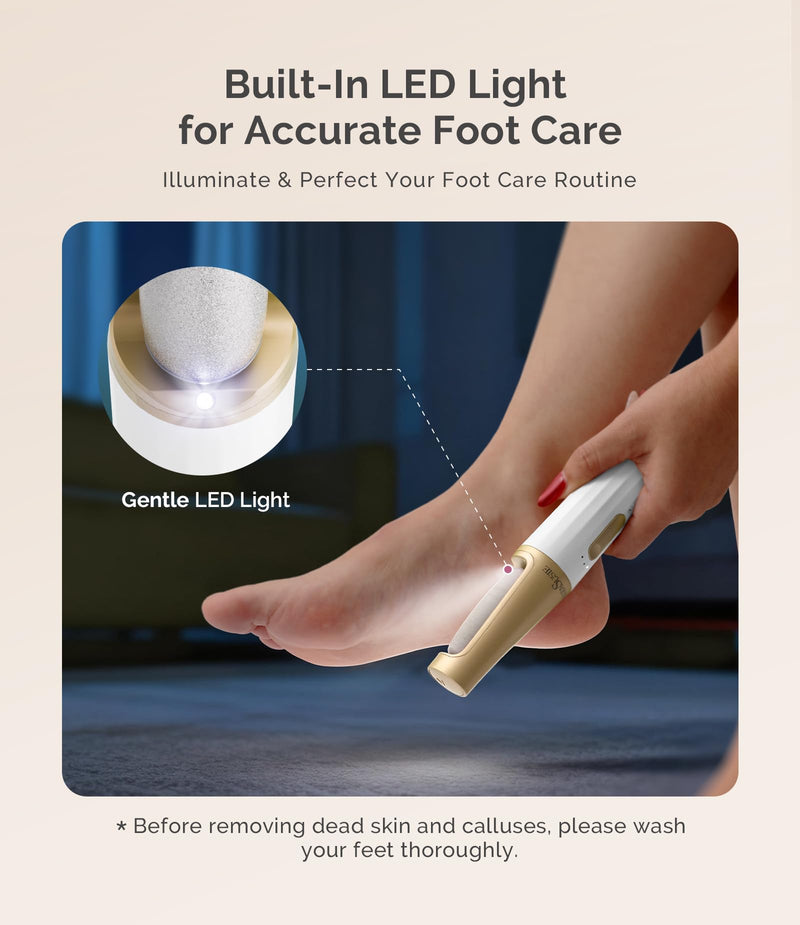 MelodySusie Electric Callus Remover for Feet, PC800G IPX7 Waterproof Rechargeable Pedicure Tool with LED Light & 3 Grits Roller Heads & Adjustable Speeds, for Dead Skin & Cracked Heel, White Gold - BeesActive Australia