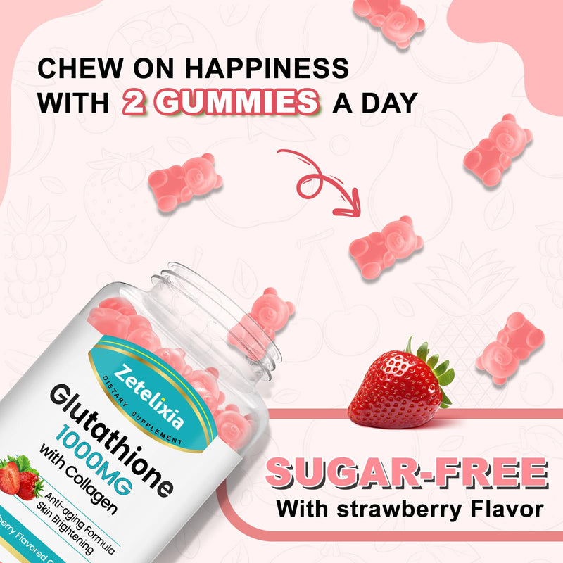 2 Pack Glutathione Collagen Gummies, Collagen Gummies with Vitamin C, Glutathione Supplement for Women, Hair Skin Nails Muscle & Joint, Anti-Aging, Vegan, Sugar Free, Strawberry Flavor, 120 Count Glutathione Strawberry 60 Count (Pack of 2)