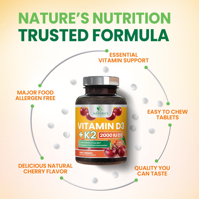 Vitamin D3 K2 Supplement - 2000 IU D3 Per Serving - Extra Strength MK-7 K with Vitamin D3 - For Immune Support, Heart, Teeth & Bone Health - Easy to Swallow D3K2 Chewable, Berry Flavor - 240 Tablets 240 Count (Pack of 1)