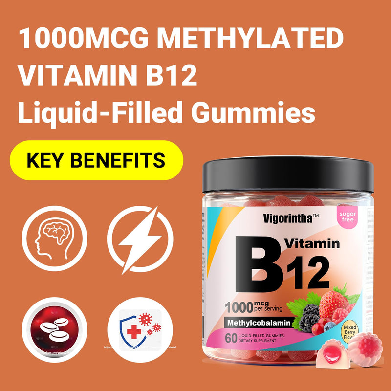 Methyl Vitamin B12 Gummies 1000mcg, Vitamin B12 Methylcobalamin Supplement for Energy & Metabolism, Sugar Free, Vegan, 60 Gummies.