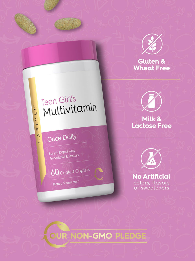 Carlyle Teen Multivitamin for Girls | 60 Caplets | Once Daily | Easy to Digest with Probiotics & Enzymes | with Iron | Non-GMO, Gluten Free